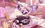  1girl absurdres anal anal_beads anal_object_insertion animal_ears armpits ass ass_focus barefoot bodysuit butt_plug cameltoe commentary_request covered_pussy fingerless_gloves flower gloves highres kyuuhyaku long_hair looking_at_viewer looking_back lying object_insertion on_bed on_side original pointy_ears sex_toy smile solo stirrup_legwear tail thighs toeless_legwear toes white_hair wolf_ears wolf_tail 