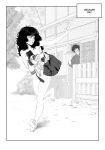  1boy 1girl absurdres angry barefoot black_hair bra breasts clenched_teeth clothed_male_nude_female completely_nude covering_privates fence fleeing greyscale highres holding holding_unworn_clothes kusujinn long_hair middle_finger monochrome nude nude_cover outdoors panties short_hair shouji sliding_doors teeth underwear unworn_bra unworn_panties waving 
