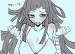  1girl bandaged_arm bandages bare_shoulders bikini blush breasts clenched_teeth commentary_request danganronpa_(series) danganronpa_2:_goodbye_despair greyscale highres large_breasts long_hair mole mole_under_eye monochrome nelt solo swimsuit tearing_up teeth translation_request tsumiki_mikan 