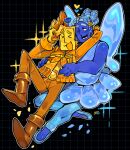  >_< 2boys absurdres ballerina belt blonde_hair blue_(deltarune) blue_flower blue_rose blue_skin blue_skirt boots brown_boots butterfly_wings colored_skin commentary cowboy_hat deltarune english_commentary flower graysheartart hair_flower hair_ornament hat heart highres hug insect_wings multiple_boys rose skirt tutu utdr_(toby_fox) wings yaoi yellow_(deltarune) yellow_flower yellow_skirt 
