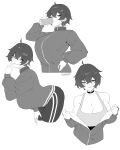  1girl absurdres artist_name blush breasts choker commentary cup drinking_glass english_commentary highres huge_breasts looking_at_viewer looking_down original presenting_own_body presenting_own_breasts short_hair simple_background sports_bra sportswear sweat tomboy white_background yureikaigan 