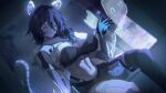  1girl absurdres animal_ears black_bra black_hair black_thighhighs blue_eyes bra breasts cleavage closed_mouth commentary erina_makina heterochromia highres holographic_interface huge_breasts long_hair looking_at_viewer mechanical_arms midriff navel phase_connect pink_eyes see-through_clothes see-through_sleeves shorts side_ponytail single_mechanical_arm sitting strapless strapless_bra thighhighs thighs tiger_ears tiger_girl underwear untranslatable_commentary virtual_youtuber zarasaru 