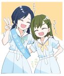  2girls :d aqua_neckerchief blue_dress blue_hair blue_sash border commentary_request cowboy_shot dress facing_viewer green_hair hand_on_another's_shoulder hasu_no_sora_school_uniform highres kanduki_kamibukuro long_hair love_live! love_live!_hasu_no_sora_jogakuin_school_idol_club low_twintails multiple_girls murano_tsukasa neckerchief ogami_sachi open_mouth pleated_dress puffy_short_sleeves puffy_sleeves sailor_collar sailor_dress sash school_uniform short_sleeves shoulder_sash simple_background smile summer_uniform translation_request twintails white_border white_sailor_collar yellow_background yellow_neckerchief 