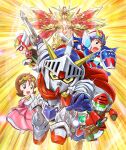  1girl 2boys amuro_ray armor axe blonde_hair brown_hair cape char_aznable chibi commentary_request dress fraw_bow full_armor green_eyes guncannon gundam guntank helmet holding holding_axe holding_shield holding_sword holding_weapon knight knight_gundam looking_at_viewer mask mecha mobile_suit multiple_boys robot sd_gundam sd_gundam_gaiden shield short_hair shoulder_armor smile superior_dragon sword tokita_kouichi v-fin weapon wings yellow_eyes 
