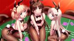  1boy 2girls animal_ear_hairband animal_ears aqua_eyes ass between_breasts black_bow black_bowtie black_hair black_leotard black_pantyhose blonde_hair blue_eyes bow bowtie breasts brown_eyes bunny_day card carrot casino_card_table cleavage commentary_request crossdressing crossdressing_(mtf) detached_collar embarrassed fake_animal_ears grey_hair hair_ribbon hairband kamikita_komari leotard little_busters! long_hair male_playboy_bunny medium_breasts multiple_girls naoe_riki noumi_kudryavka pantyhose playboy_bunny playing_card rabbit_ears rabbit_tail ribbon side-tie_leotard strapless strapless_leotard table tail trap two_side_up wrist_cuffs zen_(kamuro) 