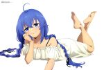  1girl absurdres ahoge anime_coloring armpit_crease artist_name barefoot black_ribbon blue_eyes blue_hair braid breasts choppy_bangs cleavage closed_mouth collarbone copyright_name copyright_notice crossed_ankles full_body hair_between_eyes hair_ribbon hand_on_own_cheek hand_on_own_face head_on_hand head_rest highres legs_up light_blush long_hair looking_at_viewer low_twin_braids lying magazine_scan megami_magazine mushoku_tensei nightgown off_shoulder official_art on_stomach ribbon roxy_migurdia scan sidelocks simple_background sleepwear small_breasts smile solo takahashi_mizuki the_pose third-party_source twin_braids white_background white_nightgown 