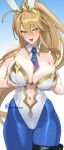  1girl ahoge animal_ears artoria_pendragon_(fate) artoria_pendragon_(lancer)_(fate) artoria_pendragon_(swimsuit_ruler)_(fate) artoria_pendragon_(swimsuit_ruler)_(first_ascension)_(fate) bare_shoulders between_breasts blonde_hair blue_pantyhose blush braid breasts card cleavage clothing_cutout commentary_request cuboon detached_collar fate/grand_order fate_(series) fishnet_pantyhose fishnets full_cleavage gold_trim grabbing_own_breast green_eyes hair_between_eyes highleg highleg_leotard highres large_breasts leotard long_hair looking_at_viewer navel navel_cutout necktie open_mouth pantyhose playboy_bunny playing_card ponytail rabbit_ears sidelocks smile thighs tiara white_leotard wrist_cuffs 