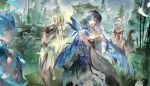  1boy 4girls absurdres bird bird_on_hand black_dress blonde_hair blue_bird blue_eyes blue_hair breasts closed_mouth commentary dress folded_fan folding_fan fox_girl gloves hand_fan highres holding holding_fan hsin_(wuthering_waves) jacket jingran_(wuthering_waves) long_hair long_sleeves looking_at_viewer medium_breasts multiple_girls ponytail qingxiao_(wuthering_waves) red_gloves smile suisui_(wuthering_waves) tacet_mark_(wuthering_waves) untranslatable_commentary white_dress white_jacket wide_sleeves wuthering_waves x0cious yangyang_(wuthering_waves) yangyang_(xuanling)_(wuthering_waves) 