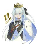  1girl black_bow black_cloak black_jacket blue_eyes bow braid breasts cloak collared_shirt commentary_request crown eiki_(eikityou_55) fate/grand_order fate_(series) fur-trimmed_cloak fur_trim grey_hair hair_bow highres jacket long_hair long_sleeves looking_at_viewer medium_breasts morgan_le_fay_(academy_outfit)_(fate) morgan_le_fay_(fate) neck_ribbon ribbon shirt sidelocks solo very_long_hair white_shirt 
