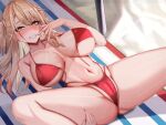  1girl bikini blonde_hair blush breasts breasts_apart cameltoe collarbone grin highres kazuha_(saku_kn) large_breasts long_hair lying mole mole_under_eye multi-strapped_bikini_bottom on_back original red_bikini smile solo spread_legs sweat swimsuit variant_set voice_drama_available 
