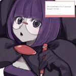  1girl blunt_bangs bob_cut bow breasts cleavage commentary elbow_gloves english_commentary glasses gloves highres holding holding_pen large_bow low_neckline madai_(si_202) marshmallow_(site) medium_breasts neck_pillow open_mouth pen pokemon pokemon_black_and_white purple_eyes purple_hair request_inset rimless_eyewear round_eyewear shauntal_(pokemon) short_hair solo upper_body 