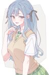  1girl bang_dream! bang_dream!_it's_mygo!!!!! black_ribbon blue_hair blush breasts brown_sweater_vest commentary diagonal-striped_clothes diagonal-striped_necktie e20 green_skirt hair_ribbon haneoka_school_uniform highres long_hair medium_breasts necktie open_mouth pleated_skirt ribbon school_uniform sidelocks skirt solo striped_clothes striped_necktie sweater_vest togawa_sakiko two_side_up yellow_eyes 