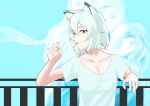  1girl absurdres against_railing animal_ear_fluff black_hair breasts cigarette closed_mouth collarbone commentary_request earrings hair_between_eyes hands_up highres holding holding_cigarette jewelry looking_at_viewer medium_breasts multiple_earrings parted_lips railing satou_yaniko shirt short_hair short_sleeves slit_pupils smallstone246 smoke solo t-shirt white_hair white_shirt yani_neko yellow_eyes 