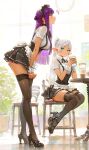  2girls ai-generated apron black_thighhighs breasts cup elf fern_(sousou_no_frieren) frieren green_eyes highres holding holding_cup looking_at_another looking_to_the_side maid_apron maid_headdress multiple_girls pointy_ears purple_eyes purple_hair sitting smile sousou_no_frieren thighhighs twintails waitress zampy68 