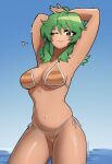  1girl ahoge armpits arms_up artist_name bikini blue_background blueysart blush_stickers breasts cleavage commentary cowboy_shot english_commentary gradient_background green_eyes green_hair gumi hair_between_eyes heart highres long_hair looking_at_viewer medium_breasts navel ocean one_eye_closed orange_bikini outdoors plump sky smile solo standing striped_bikini striped_clothes sweat swimsuit tan teeth thighs vocaloid 