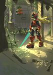  1boy armor blonde_hair commentary_request energy_sword forehead_jewel full_body helmet highres holding holding_sword holding_weapon long_hair male_focus mega_man_(series) mega_man_zero_(series) mega_man_zero_3 omochi_(mochi_skymega) red_armor red_helmet solo sword walking weapon z_saber zero(z)_(mega_man) zero_(mega_man) 