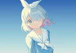  1girl 767014338 absurdres arona_(blue_archive) blue_archive blue_background blue_eyes blue_hair blue_shirt bow bow_hairband bowtie braid chinese_commentary choker closed_mouth commentary_request dot_nose gradient_background grey_background hair_bow hair_over_one_eye hairband highres looking_at_viewer missing_halo one_eye_covered partial_commentary sailor_collar shirt short_braid short_hair side_braid simple_background single_braid smile solo split_mouth swept_bangs tareme two-tone_background upper_body white_bow white_bowtie white_choker white_hairband white_sailor_collar 