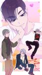  2boys alien_stage beanie black_eyes black_jacket black_pants commentary grey_hair grey_hat hat headphones headphones_around_neck heart highres ivan_(alien_stage) jacket male_focus multiple_boys pants red_pupils shirt thick_eyebrows till_(alien_stage) white_shirt zawazawazawa00 