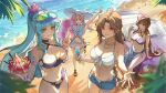  >_< 4girls absurdres alternate_costume arm_up beach bikini black_bikini black_hair blue_bow blue_hair blue_shirt blue_shorts blue_visor_cap bow braid braided_ponytail breasts brown_eyes brown_hair car champagne_flute character_request cheyanne_(girls'_frontline_2) closed_eyes collarbone commentary criss-cross_halter crop_top cup day denim denim_shorts drinking_glass dsr-50_(girls'_frontline) english_commentary facial_mark food frilled_sailor_collar frills front-tie_bikini_top front-tie_top general_liu_(girls'_frontline) girls'_frontline girls'_frontline_2:_exilium glass goggles goggles_on_head green_eyes grey_hair halterneck hat high_ponytail highres hk416_(girls'_frontline) holding holding_cup holding_removed_eyewear holding_swim_ring klukai_(cerulean_breaker)_(girls'_frontline_2) klukai_(girls'_frontline_2) large_breasts liushih_(girls'_frontline_2) loreley_(girls'_frontline_2) m200_(girls'_frontline) microskirt motor_vehicle multiple_girls nakiru_x3 navel ocean on_car open_fly outdoors parfait pleated_skirt ponytail purple_bikini purple_sarong sailor_collar sandals sarong shirt shorts single_braid skirt sleeveless sleeveless_shirt smile swim_ring swimsuit teardrop_facial_mark toes unworn_eyewear v visor_cap white_bikini white_hat white_skirt 