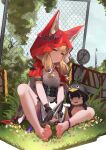  2girls absurdres animal_ears arknights arknights:_endfield bare_legs barefoot blonde_hair commentary endministrator_(arknights) feet female_endministrator_(arknights) highres holding holding_weapon hood hoodie kuronouta- multiple_girls outdoors red_hoodie rossi_(arknights) sitting weapon 