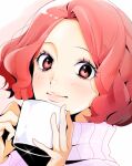  1girl blush brown_eyes close-up closed_mouth commentary_request cup eyelashes fluffy_hair highres holding holding_cup inuha_dayo52 light_smile lips long_sleeves looking_at_viewer okumura_haru persona persona_5 pink_sweater ribbed_sweater simple_background solo sparkle sweater turtleneck turtleneck_sweater 