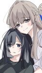  2girls black_eyes black_hair black_shirt braid brown_hair closed_mouth commentary earrings grey_shirt half_up_braid head_on_head head_rest highres jewelry long_hair miyagi_shiori multiple_girls parted_lips purple_eyes sendai_hazuki shibachi shirt shuuniichido_classmate_wo_kau_hanashi simple_background smile stud_earrings white_background yuri 