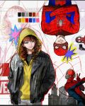  1boy 1girl avandee11949 black_jacket black_shirt camera green_eyes happy highres hood hoodie jacket jean_grey leather leather_jacket looking_at_another looking_at_viewer marvel multiple_views pants sadie_sink shirt smile spider-man spider-man:_brand_new_day spider-man_(original_suit) spider-man_(series) white_pants x-men yellow_hoodie 