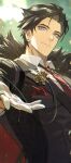  1boy absurdres alternate_costume artificial_flower black_hair black_jacket blue_eyes blurry blurry_background breast_pocket brooch bum_hico buttons cape chain chromatic_aberration closed_mouth collared_shirt commentary diamond_button earrings english_commentary formal_clothes fur-trimmed_cape fur_trim genshin_impact gloves gold_chain gold_ring green_background grey_hair hair_between_eyes hair_ears hand_up handkerchief highres jacket jewelry lapels long_sleeves looking_at_viewer male_focus multicolored_hair multiple_rings necktie pocket pocket_square red_cape red_necktie ring shirt short_hair smile solo sparkle streaked_hair suit suit_jacket upper_body white_gloves white_shirt wriothesley_(genshin_impact) 