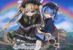  2girls 4_(nn_1_zo) ^_^ bird_hat_ornament black_bow black_bowtie black_capelet black_flower black_hat black_rose blonde_hair blue_hair blue_necktie blue_skirt bonnet bow bow_flower bowtie braid braided_hair_rings broom broom_riding capelet closed_eyes collared_shirt commentary deerstalker dress flower flower-trimmed_dress flower-trimmed_skirt flying frilled_capelet frilled_dress frilled_skirt frilled_sleeves frills green_bonnet green_eyes grey_vest hair_bow hair_flower hair_ornament hair_rings hat hat_bow highres layered_dress layered_skirt lolita_fashion long_hair long_sleeves mahou_shoujo_no_majo_saiban making-of_available multiple_girls necktie open_mouth plaid_clothes plaid_skirt rainbow rose shirt short_hair skirt sky smile spoilers tachibana_sherry tono_hanna twintails two-tone_dress untranslatable_commentary vest watermark white_flower white_rose white_shirt wide_sleeves winged_hat yellow_flower yellow_rose yuri 