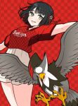  1girl bird black_hair blunt_bangs blunt_ends bob_cut checkered_background commentary_request cowboy_shot crossover green_eyes highres llkapital looking_at_viewer love_live! love_live!_hasu_no_sora_jogakuin_school_idol_club momose_ginko open_mouth pokemon pokemon_(creature) red_background red_shirt shirt short_hair short_shorts short_sleeves shorts smile staraptor virtual_youtuber white_shorts zweigen_kanazawa 