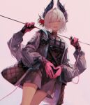  1girl 96yottea absurdres arknights black_gloves black_shirt chromatic_aberration coat cowboy_shot flower gloves grey_coat grey_jacket hair_flower hair_ornament heart highres holding horns jacket long_sleeves looking_at_viewer open_clothes open_mouth pink_background purple_gloves raidian_(arknights) red_eyes red_flower shirt short_hair simple_background skirt smile solo white_hair 
