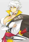  belt breasts cape choker cleavage covered_nipples crossed_arms earrings exaxuxer grey_background high_collar highres huge_breasts jewelry miyabi_(senran_kagura) necklace no_bra panties senran_kagura senran_kagura_shinovi_versus short_hair solo stud_earrings sword underwear weapon white_hair yellow_eyes yellow_panties 