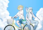  2girls absurdres animal_ear_headwear basketball_jersey bicycle blonde_hair blue_pants blue_shirt blue_shorts blue_sky breasts bug_cage bug_hunting butterfly_net cigar cloud collarbone collared_shirt commentary_request etsushimaru_yakuko green_eyes grey_hair grey_hat hand_net hat highres looking_at_another medium_breasts medium_hair multiple_girls on_bicycle open_clothes open_shirt pants parted_bangs riding riding_bicycle satou_yaniko shaded_face shirt short_hair shorts sitting sky smallstone246 smoke smoking straw_hat t-shirt white_shirt yani_neko yellow_eyes 