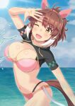  1girl adapted_costume ahoge animal_ears bad_id bad_twitter_id bikini black_shrug blue_sky blush breasts brown_eyes brown_hair checkered_ribbon cloud commentary_request dantsu_flame_(center_spotlight)_(umamusume) dantsu_flame_(umamusume) ear_covers hair_between_eyes hairband highres horse_ears horse_girl horse_tail large_breasts looking_at_viewer multicolored_hair navel norizou ocean one_eye_closed open_mouth pink_bikini pink_hairband shrug_(clothing) sky smile solo stomach swimsuit tail umamusume water white_hair 