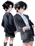  1boy aged_down alfi_(tok) black_hair black_jacket black_shorts black_socks child commentary_request copyright_request curtained_hair grin highres jacket korean_commentary looking_at_viewer looking_back multiple_views purple_eyes shirt short_hair shorts simple_background smile socks tagme white_background white_shirt 