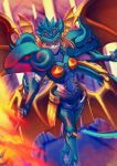  1girl armor blonde_hair breasts bull closed_mouth commentary digimon digimon_(creature) english_commentary fallen_angel fire full_armor goat helmet highres holding holding_scythe holding_weapon lion looking_at_viewer low_wings mask ofanimon_falldown_mode red_eyes scythe short_hair shoulder_armor shoupitsuki spikes weapon winged_helmet wings 