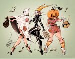  3girls animal artist_name ass bat_(animal) belt black_bodysuit bodysuit breasts commentary dated dress english_commentary ghost_costume gloves halloween halloween_costume hand_on_own_hip high_heels highres jack-o'-lantern large_breasts leaf multiple_girls narrow_waist original outstretched_arms puffy_short_sleeves puffy_sleeves short_dress short_hair short_sleeves simple_background skin_tight sveta_shubina thick_thighs thigh_belt thigh_strap thighs walking white_gloves zombie_pose 