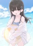  1girl absurdres ball beachball bikini black_eyes black_hair blue_bikini blue_sky blunt_bangs blush buran_buta cloud collarbone commentary_request day hair_ornament highres holding holding_ball holding_beachball long_hair long_sleeves looking_at_viewer ocean open_mouth original outdoors sky sleeves_past_wrists solo summer swimsuit thighs wet x_hair_ornament 