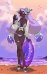  1girl alternate_costume beach bikini blush breasts can cleavage cloud cloudy_sky crop_top dark-skinned_female dark_skin drink drink_can earrings evening flower front-tie_top full_body hair_flower hair_ornament headscarf heart highres holding holding_can holding_drink jacinthe_(pokemon) jewelry large_breasts long_hair long_sleeves looking_at_viewer low_drills navel one_eye_closed open_clothes open_mouth open_shirt outdoors platform_sandals pokemon pokemon_legends:_z-a purple_eyes purple_hair raliciel sandals sky smile solo sphere_earrings standing swimsuit teeth thighlet upper_teeth_only very_dark_skin water 