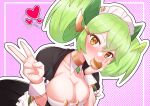  1girl absurdres ashikoshi_jakushi blush breasts brown_eyes cleavage commentary_request dragon_girl dragon_horns dress duel_monster fang food_in_mouth green_hair hair_ornament hand_on_own_cheek hand_on_own_face heart highres horns large_breasts looking_at_viewer maid maid_headdress parlor_dragonmaid solo spoken_heart twintails v white_wrist_cuffs wrist_cuffs yu-gi-oh! 