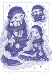  1girl artist_name bare_shoulders black_ribbon blue_dress blue_hairband bow chibi chibi_inset collarbone commentary_request crescent crescent_necklace dress dress_bow frilled_dress frilled_hairband frilled_skirt frilled_sleeves frills full_body gothic_lolita grumpy_na hair_over_one_eye hair_ribbon hairband highres jewelry lolita_fashion lolita_hairband long_hair long_sleeves looking_at_viewer mahou_shoujo_no_majo_saiban multiple_views natsume_an-an necklace off-shoulder_dress off_shoulder polka_dot polka_dot_bow purple_eyes ribbon see-through_hair signature skirt sleeve_bow sleeves_past_fingers sleeves_past_wrists star_(symbol) twitter_username white_background white_hair wide_sleeves 