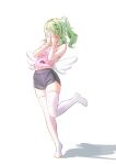  1girl absurdres angels_of_delusion_kfc_bag aria_(human)_(zenless_zone_zero) aria_(zenless_zone_zero) black_shorts blush breasts camisole character_print commentary covering_face embarrassed euzh266 green_hair hair_ornament hairclip highres medium_hair multiple_hairclips nangong_yu no_shoes pink_camisole self_character_print short_shorts shorts simple_background small_breasts solo sunna_(zenless_zone_zero) thighhighs thighs white_background white_thighhighs white_wings wings zenless_zone_zero 