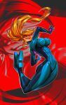  1girl abs absurdres artist_name blonde_hair blue_bodysuit bodysuit breasts commentary danderfull dated english_commentary evil_grin evil_smile full_body grin highres impossible_bodysuit impossible_clothes large_breasts metroid open_mouth parted_lips ponytail red_background red_eyes samus_aran smile solo toned toned_female zero_suit zoom_layer 