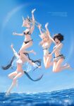  4girls absurdres alternate_costume animal_ears arcane_(arknights) arknights arknights:_endfield barefoot bikini bikini_skirt bird_ears bird_girl black_bikini black_hair blonde_hair blue_eyes blue_sky breasts chen_qianyu_(arknights) cleavage commentary_request dragon_girl dragon_horns dragon_tail eastern_dragon_horns eastern_dragon_tail endministrator_(arknights) facial_mark female_endministrator_(arknights) forehead_mark grey_hair head_wings highres horns large_breasts long_hair medium_breasts multicolored_bikini multicolored_hair multiple_girls no_mask one-piece_swimsuit open_mouth outdoors perlica_(arknights) purapi rainbow short_hair sky swimsuit tail twintails two-tone_bikini two-tone_hair water white_bikini white_one-piece_swimsuit wings 