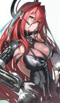  1girl arknights arknights:_endfield arm_guards armor black_leotard breasts commentary_request cowboy_shot earpiece ember_(arknights) green_streaks hair_between_eyes hair_intakes halo halo_behind_head hand_on_own_hip highres large_breasts leotard long_hair long_hair_between_eyes mechanical_halo multicolored_hair otabaaa red_hair simple_background smile solo streaked_hair two-tone_hair very_long_hair white_background yellow_eyes 