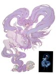  1girl chinese_commentary commentary flat_color floating floating_hair full_body glasses hand_up hatsune_miku highres jun_wu_mo knees_up light_smile octopus photo_inset purple_hair reference_inset solo tentacle_hair twintails vocaloid white_background 