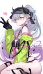  1girl absurdres bare_shoulders black_hat black_horns blush breasts closed_mouth commentary_request crossed_bangs ear_piercing fate/grand_order fate_(series) from_side green_jacket hair_between_eyes hand_up hat highres horns jacket large_breasts lilith_(fate) lilith_(swimsuit_rider)_(first_ascension)_(fate) long_hair long_sleeves looking_at_viewer looking_to_the_side multicolored_hair off_shoulder penguintake piercing pointy_ears ponytail purple_hair simple_background solo white_background white_hair 