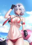  1girl absurdres armlet bare_shoulders beach bikini black_gloves breasts cloud collarbone commentary_request diamond-shaped_pupils diamond_(shape) eyewear_on_head gloves grey_hair hair_ornament hand_on_own_head heart heart-shaped_eyewear highres honkai:_star_rail honkai_(series) innertube jewelry looking_at_viewer medium_hair multicolored_hair navel outdoors purple_eyes red_hair sand shore simple_bird sky solo solomon_0616 stomach swim_ring swimsuit symbol-shaped_pupils teeth thighs topaz_(honkai:_star_rail) two-tone_hair underboob water 
