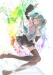  1girl absurdres armpits bare_shoulders black_boots black_skirt black_sleeves blush boots cccccchensilu closed_mouth collared_shirt commentary_request detached_sleeves double-parted_bangs full_body green_eyes green_hair green_necktie grey_shirt hair_between_eyes hair_spread_out hatsune_miku highres knees_up long_hair long_sleeves lying miniskirt multicolored_hair necktie on_back pleated_skirt shirt simple_background skirt sleeveless sleeveless_shirt smile solo thigh_boots tie_clip very_long_hair vocaloid white_background wide_sleeves 