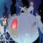  1girl 2boys androgynous aqua_(kingdom_hearts) aristocratic_clothes black_boots blue_eyes blue_socks boots brown_hair carriage cinderella_(disney_movie) commentary crossdressing crossdressing_(ftm) english_commentary full_body hair_slicked_back happy highres jacket kicking kingdom_hearts kingdom_hearts_birth_by_sleep leg_up looking_back multiple_boys night open_mouth outdoors pants pumpkin_carriage riding sarakipin serious short_hair sleeve_cuffs smile socks sparkle spiked_hair standing swallowtail_jacket teeth terra_(kingdom_hearts) thigh_boots turning_around upper_teeth_only ventus_(kingdom_hearts) white_horse white_jacket white_pants 